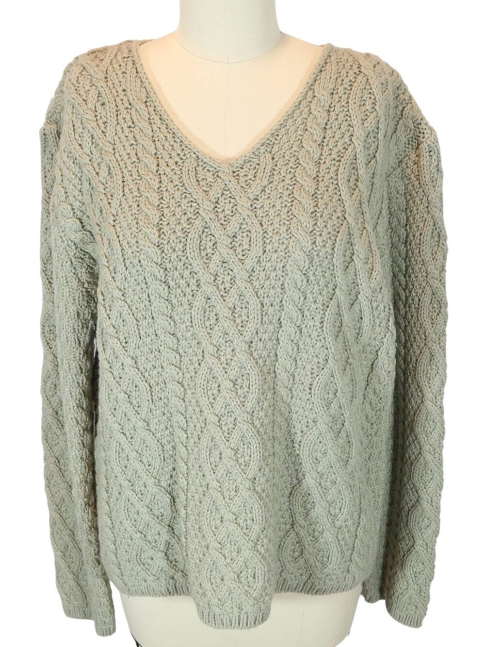 PAUL JAMES V Neck Wool Chunky Cable Fisherman Sweater Size L Sage Green Vintage